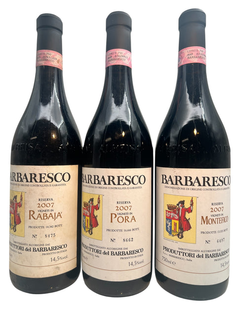 Tre flasker Barbaresco vin fra Produttori del Barbaresco i årgang 2007
